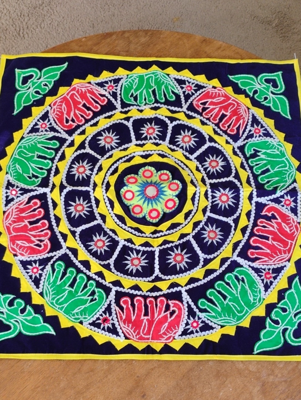 Handcrafted India Navy Blue Elephant Mandala Wall Tapestry 28 Inch Square